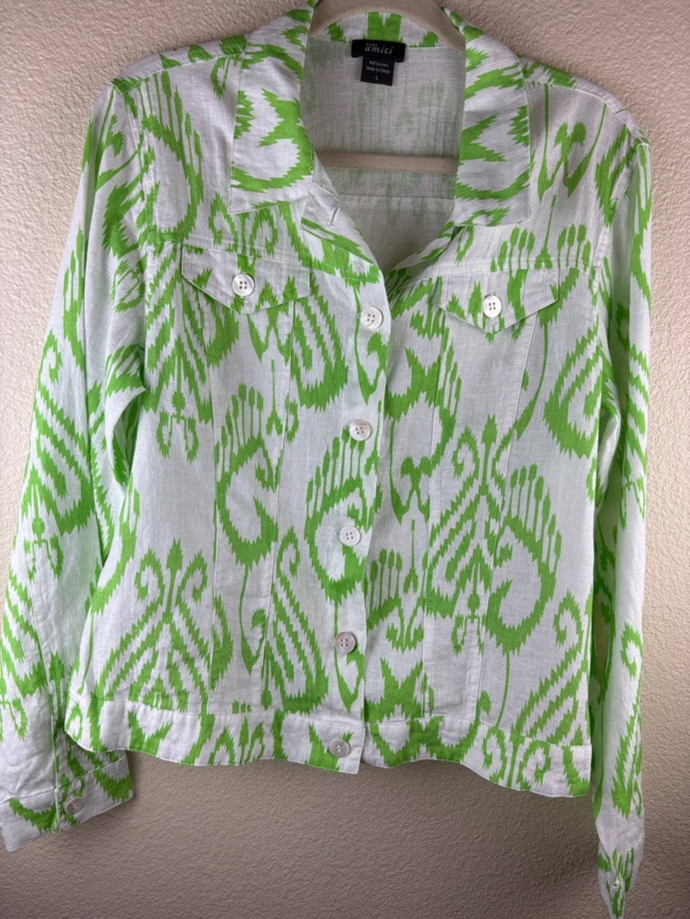 Pure Amici Women's Linen Bright Green White Long Sleeve Jacket Size L New